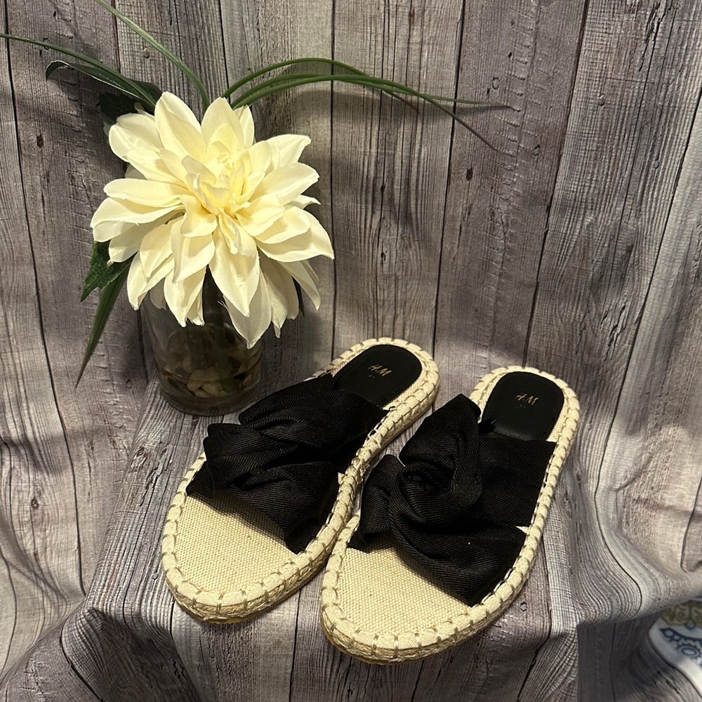 H&M Black Bow Espadrille Slides with Natural Woven Sole NWOT